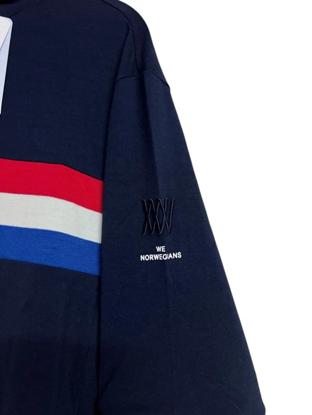NEW Men's‎ We Norwegians Navy 1/4 Zip Sweater Flag Print Pique Merino Wool